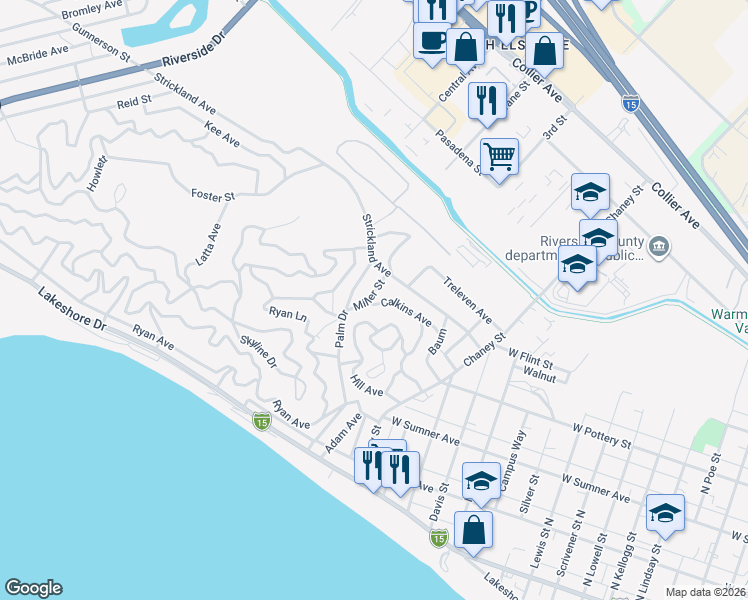 map of restaurants, bars, coffee shops, grocery stores, and more near 30195 Miller Street in Lake Elsinore