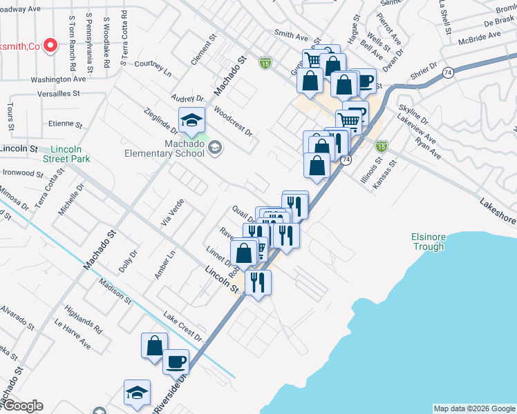map of restaurants, bars, coffee shops, grocery stores, and more near 16489 Joy Street in Lake Elsinore