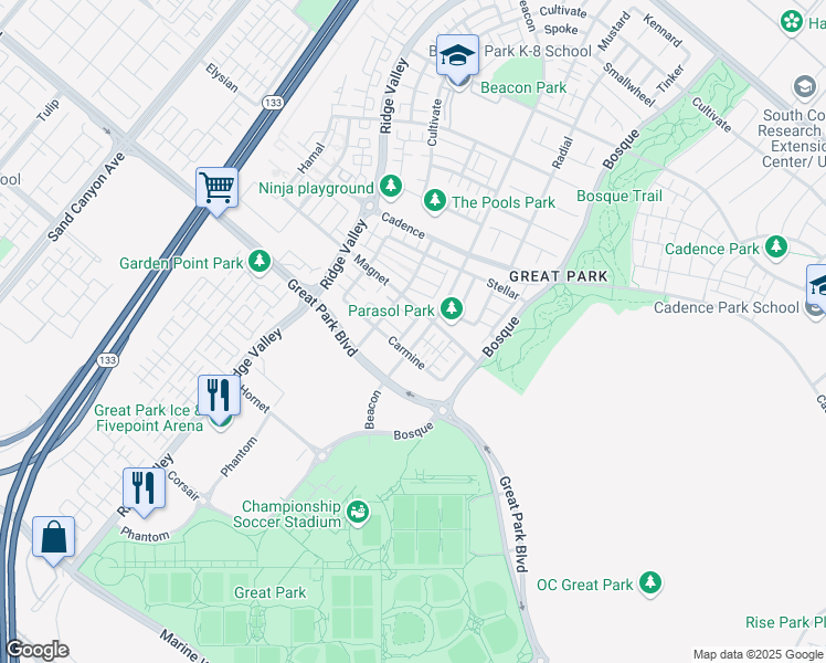 map of restaurants, bars, coffee shops, grocery stores, and more near 715 Beacon in Irvine