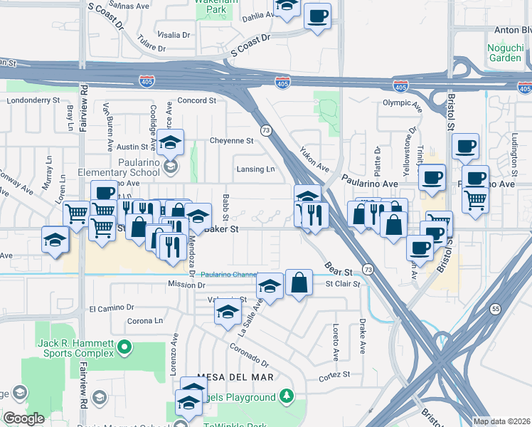 map of restaurants, bars, coffee shops, grocery stores, and more near 905 Powell Court in Costa Mesa