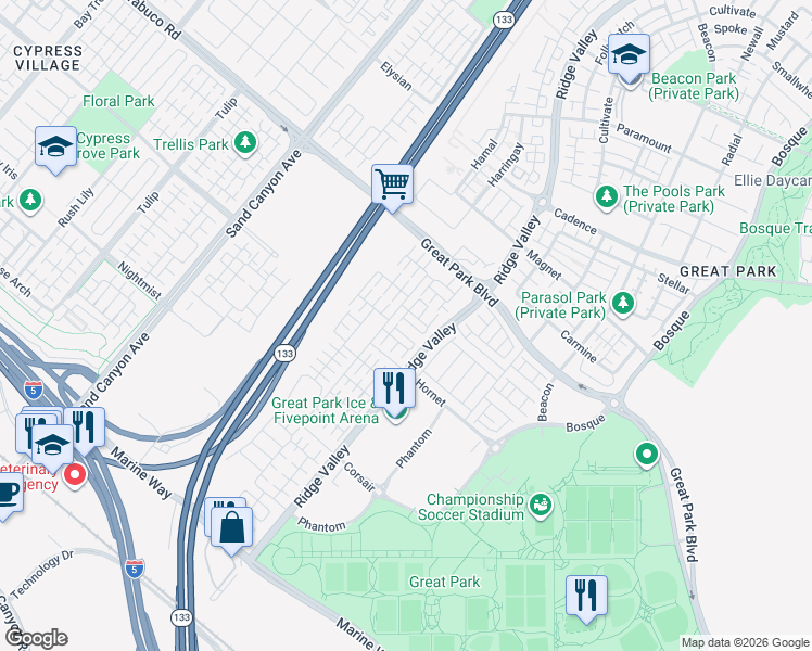 map of restaurants, bars, coffee shops, grocery stores, and more near 128 Briarberry in Irvine