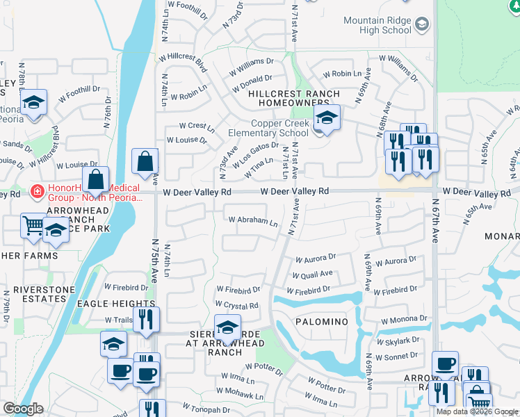 map of restaurants, bars, coffee shops, grocery stores, and more near 21500-21598 North 72nd Avenue in Glendale