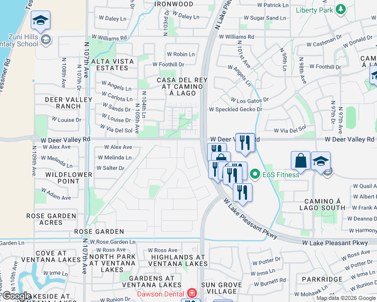 map of restaurants, bars, coffee shops, grocery stores, and more near 10263-10349 W Deer Valley Rd in Peoria