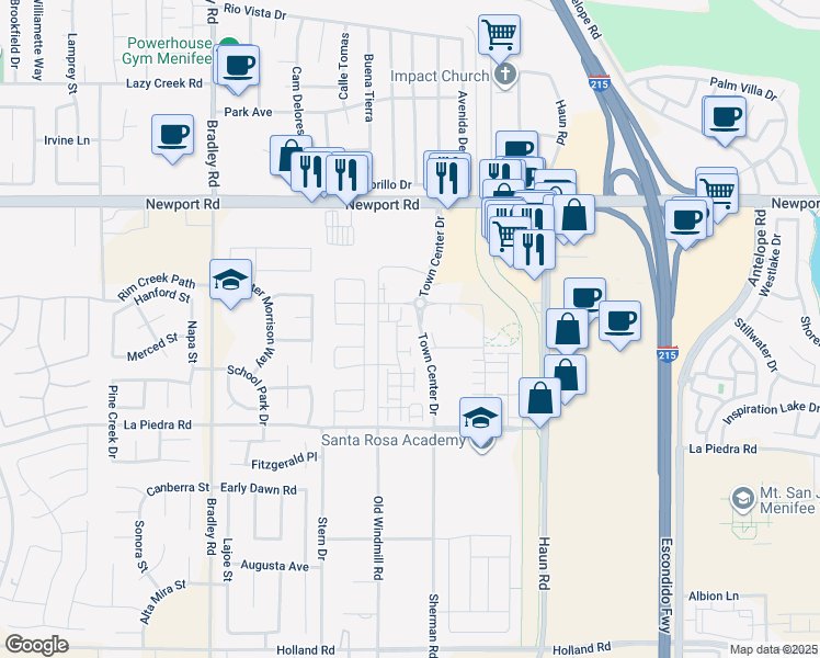 map of restaurants, bars, coffee shops, grocery stores, and more near 30302 Town Square Drive in Menifee