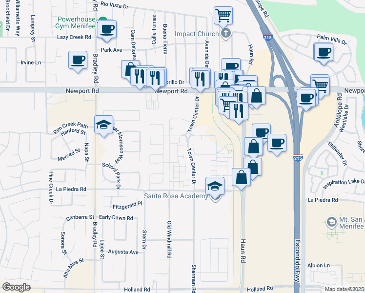 map of restaurants, bars, coffee shops, grocery stores, and more near 30302 Town Square Drive in Menifee