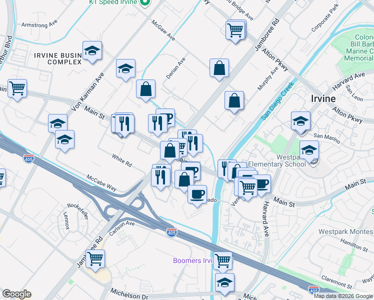 map of restaurants, bars, coffee shops, grocery stores, and more near 2801 Jamboree Road in Irvine
