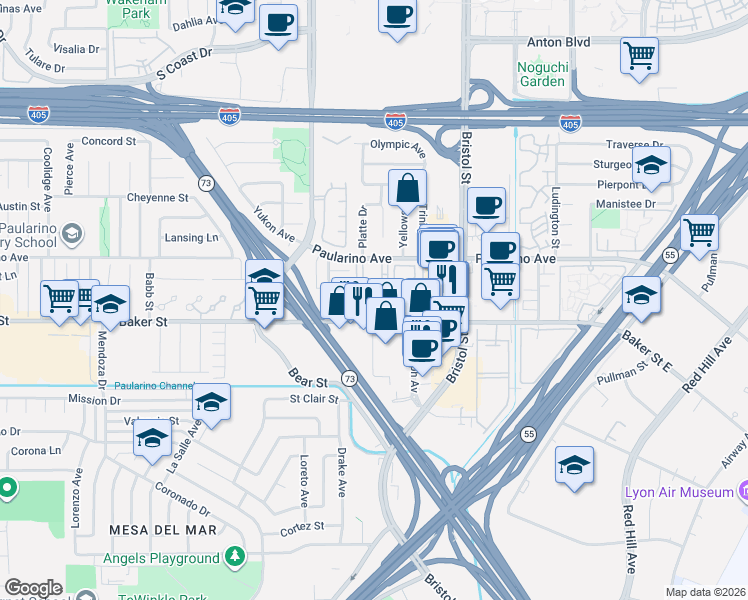 map of restaurants, bars, coffee shops, grocery stores, and more near 807 Grayling Bay in Costa Mesa
