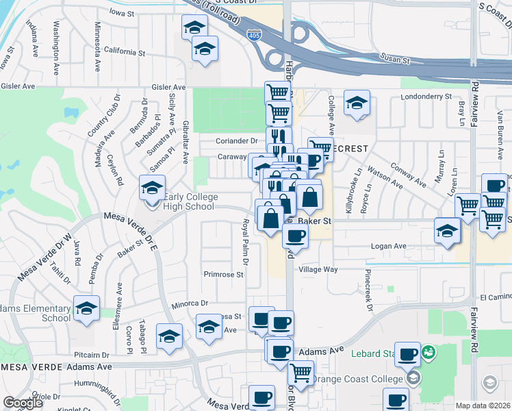 map of restaurants, bars, coffee shops, grocery stores, and more near 3000 Deodar Avenue in Costa Mesa