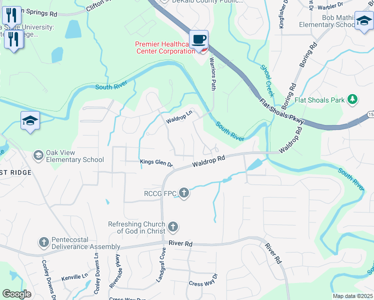 map of restaurants, bars, coffee shops, grocery stores, and more near 3490 Kingswood Trail in Decatur