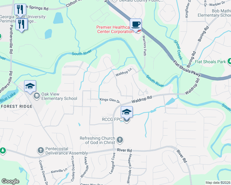 map of restaurants, bars, coffee shops, grocery stores, and more near 3202 Kingswood Place in Decatur