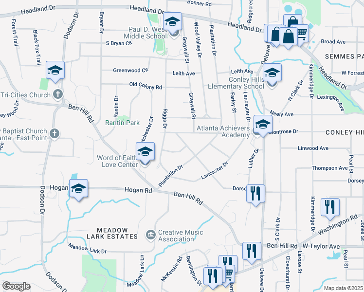 map of restaurants, bars, coffee shops, grocery stores, and more near 2316 Dorsey Avenue in East Point
