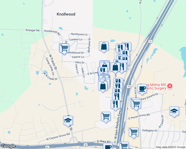 map of restaurants, bars, coffee shops, grocery stores, and more near 4803 Hilre Drive in Sherman