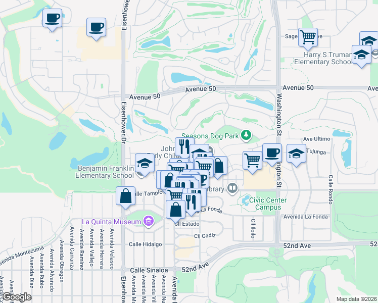 map of restaurants, bars, coffee shops, grocery stores, and more near 50630 Santa Rosa Plaza in La Quinta