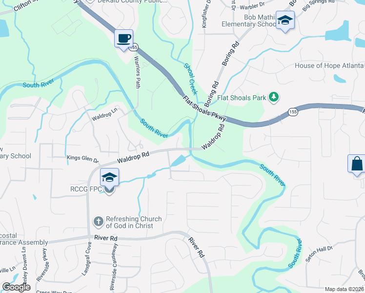 map of restaurants, bars, coffee shops, grocery stores, and more near 3690 Waldrop Cliff Ln in Decatur