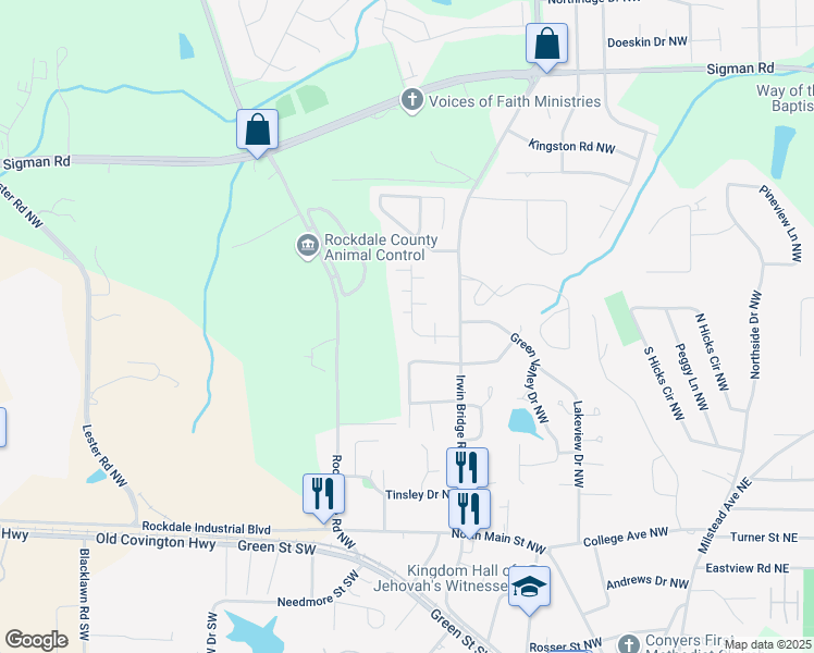 map of restaurants, bars, coffee shops, grocery stores, and more near 1436 Forest Villa Drive Northwest in Conyers