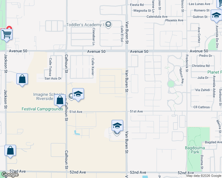 map of restaurants, bars, coffee shops, grocery stores, and more near 50503 Van Buren Street in Coachella