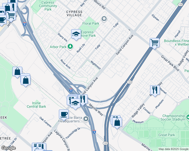 map of restaurants, bars, coffee shops, grocery stores, and more near 64 Bronze Leaf in Irvine
