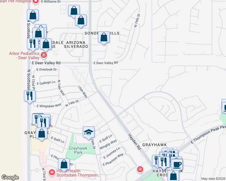 map of restaurants, bars, coffee shops, grocery stores, and more near 21445 North 77th Place in Scottsdale