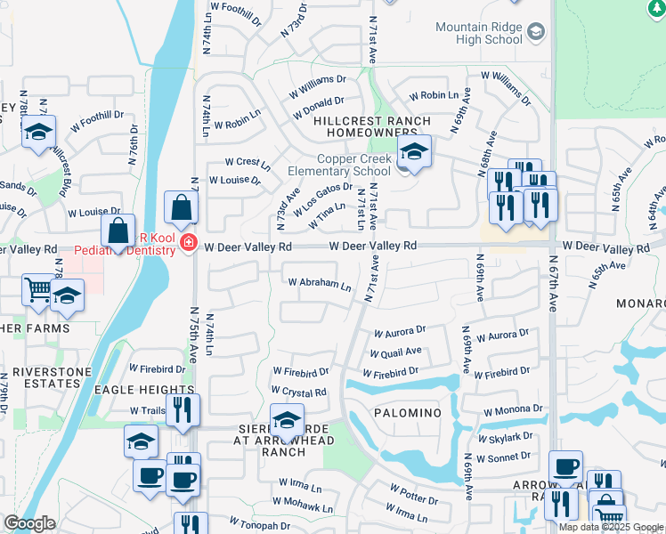 map of restaurants, bars, coffee shops, grocery stores, and more near 7205 West Melinda Lane in Glendale