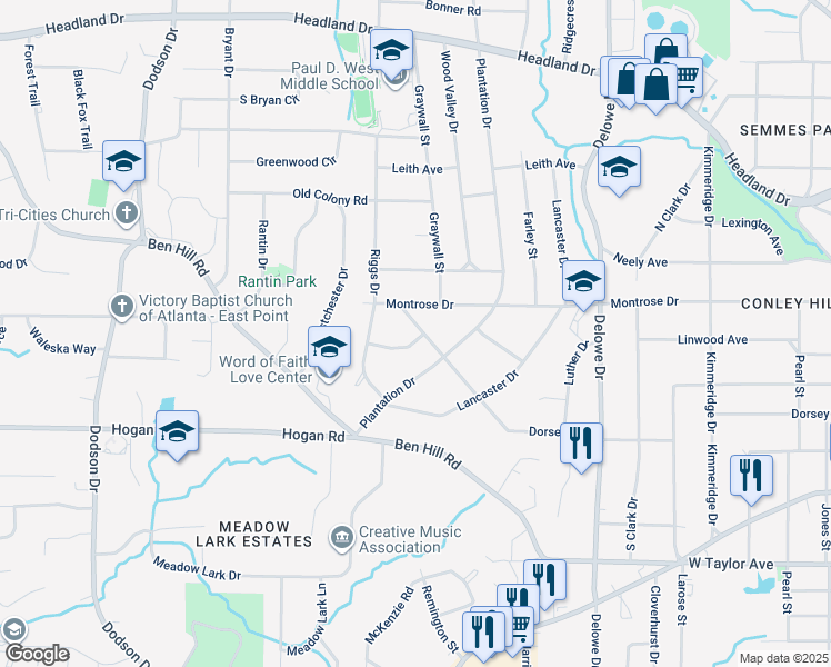 map of restaurants, bars, coffee shops, grocery stores, and more near 2316 Dorsey Avenue in East Point