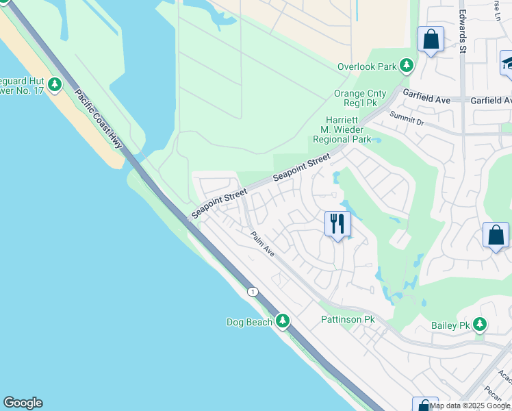 map of restaurants, bars, coffee shops, grocery stores, and more near 19322 Archfield Lane in Huntington Beach