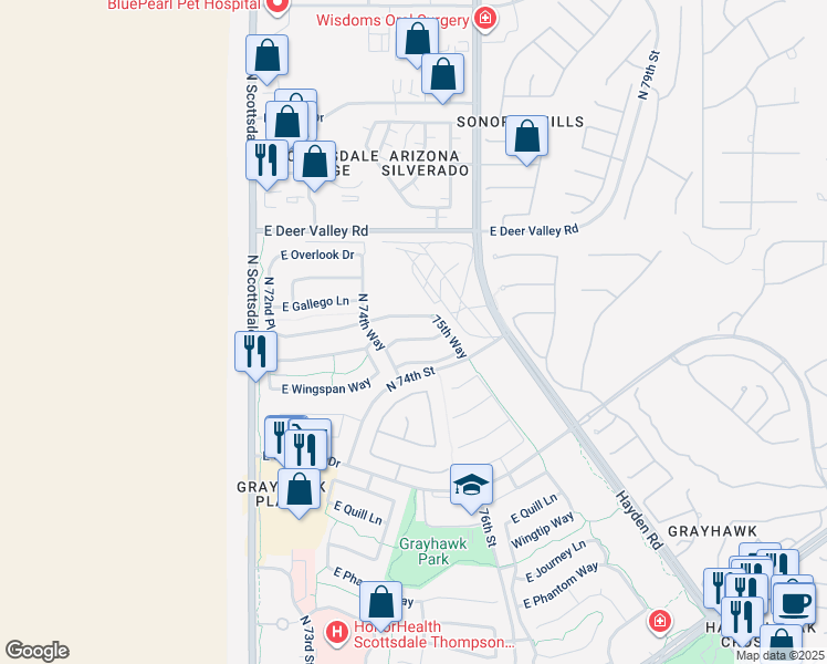 map of restaurants, bars, coffee shops, grocery stores, and more near 7454 East Whistling Wind Way in Scottsdale