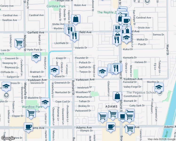 map of restaurants, bars, coffee shops, grocery stores, and more near 9651 Tarpon Drive in Huntington Beach
