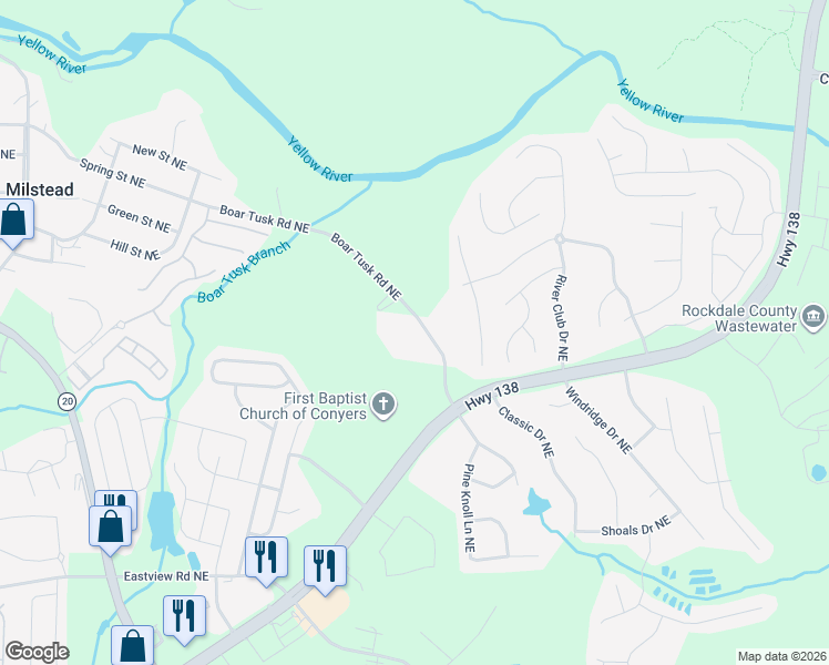 map of restaurants, bars, coffee shops, grocery stores, and more near 2091 Boar Tusk Road Northeast in Conyers