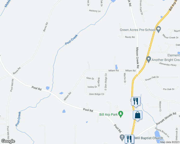 map of restaurants, bars, coffee shops, grocery stores, and more near 7278 Milam Road in Winston