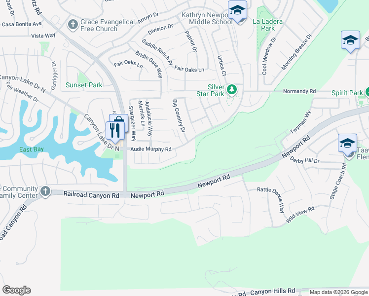 map of restaurants, bars, coffee shops, grocery stores, and more near 24331 Audie Murphy Road in Menifee