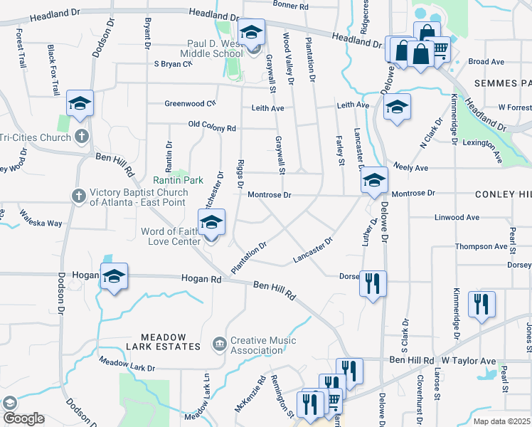 map of restaurants, bars, coffee shops, grocery stores, and more near 2316 Dorsey Avenue in East Point