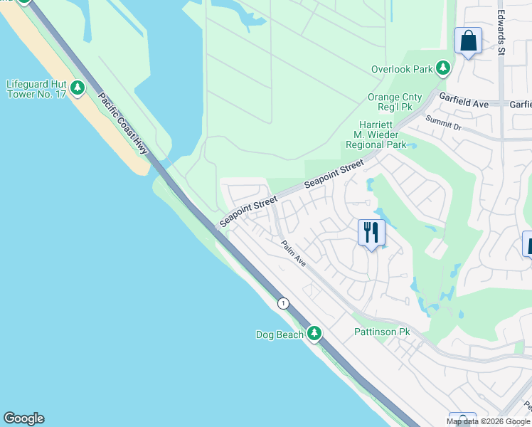 map of restaurants, bars, coffee shops, grocery stores, and more near 19287 Surfwave Drive in Huntington Beach