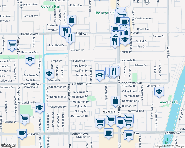 map of restaurants, bars, coffee shops, grocery stores, and more near 19382 Salmon Lane in Huntington Beach