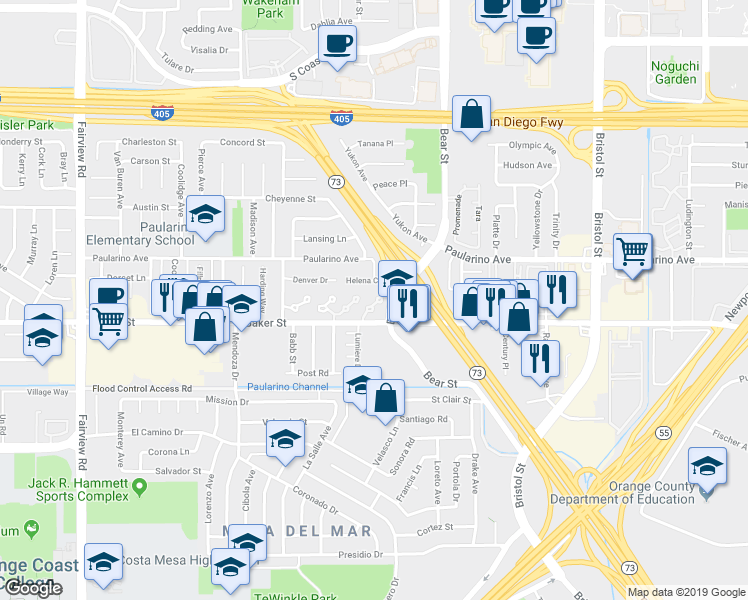 map of restaurants, bars, coffee shops, grocery stores, and more near 919 Hyde Court in Costa Mesa