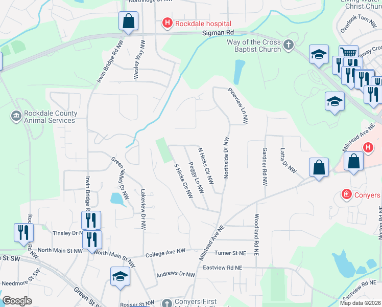 map of restaurants, bars, coffee shops, grocery stores, and more near 1387 Peggy Lane Northwest in Conyers
