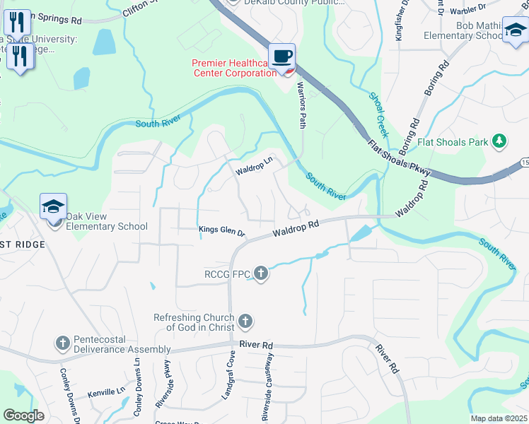 map of restaurants, bars, coffee shops, grocery stores, and more near 3490 Kingswood Trail in Decatur