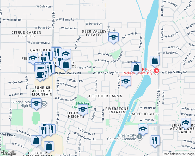 map of restaurants, bars, coffee shops, grocery stores, and more near 7839 West Deer Valley Road in Peoria