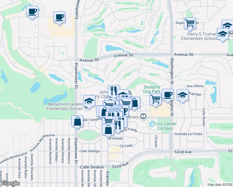 map of restaurants, bars, coffee shops, grocery stores, and more near 50660 Santa Rosa Plaza in La Quinta