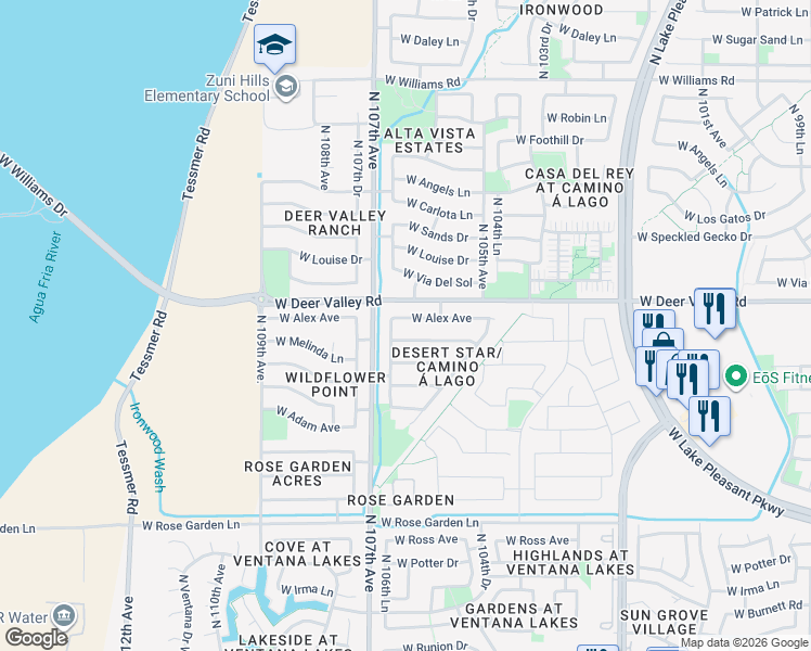 map of restaurants, bars, coffee shops, grocery stores, and more near 10623 West Alex Avenue in Peoria