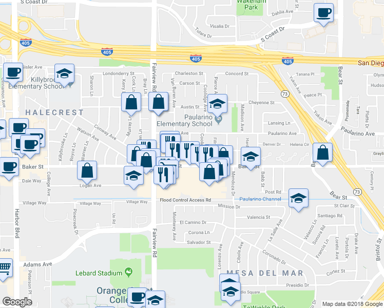 map of restaurants, bars, coffee shops, grocery stores, and more near 3012 Cleveland Avenue in Costa Mesa