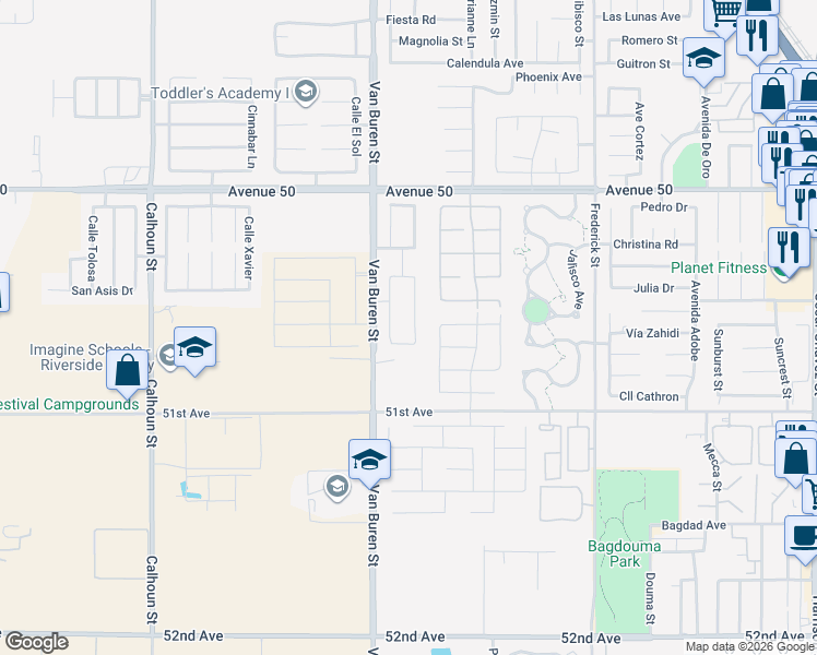 map of restaurants, bars, coffee shops, grocery stores, and more near 50271 Paseo Cadiz in Coachella