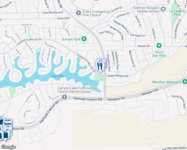 map of restaurants, bars, coffee shops, grocery stores, and more near 24311 Canyon Lake Drive North in Canyon Lake