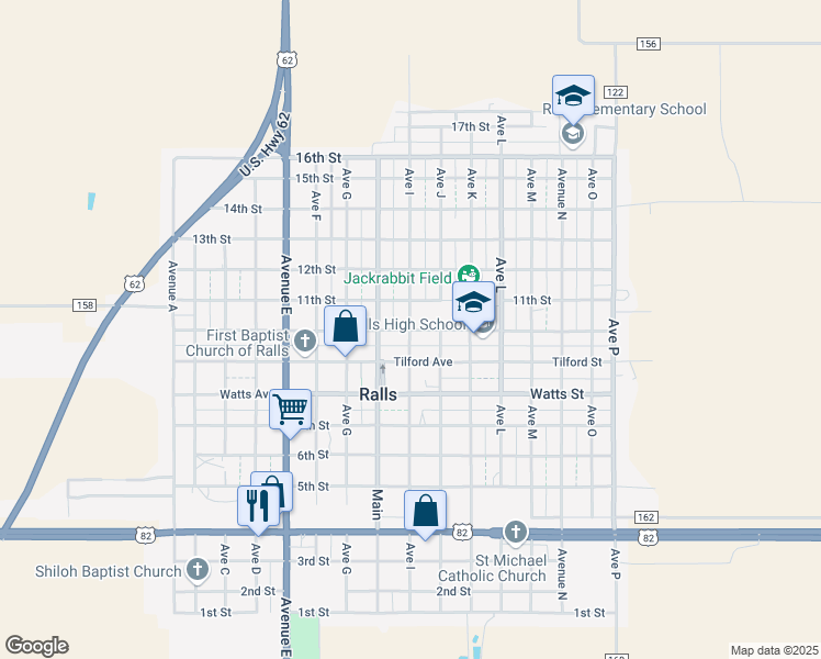 map of restaurants, bars, coffee shops, grocery stores, and more near 810 Avenue I in Ralls