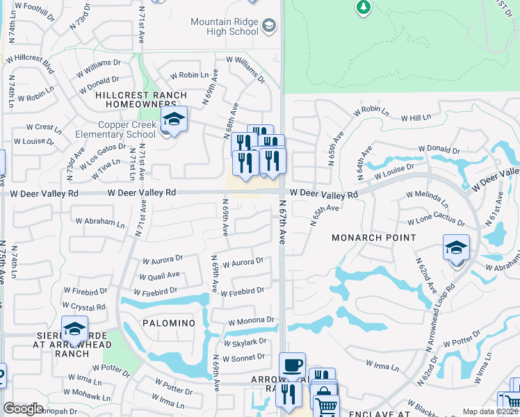 map of restaurants, bars, coffee shops, grocery stores, and more near 21703 North 67th Lane in Glendale