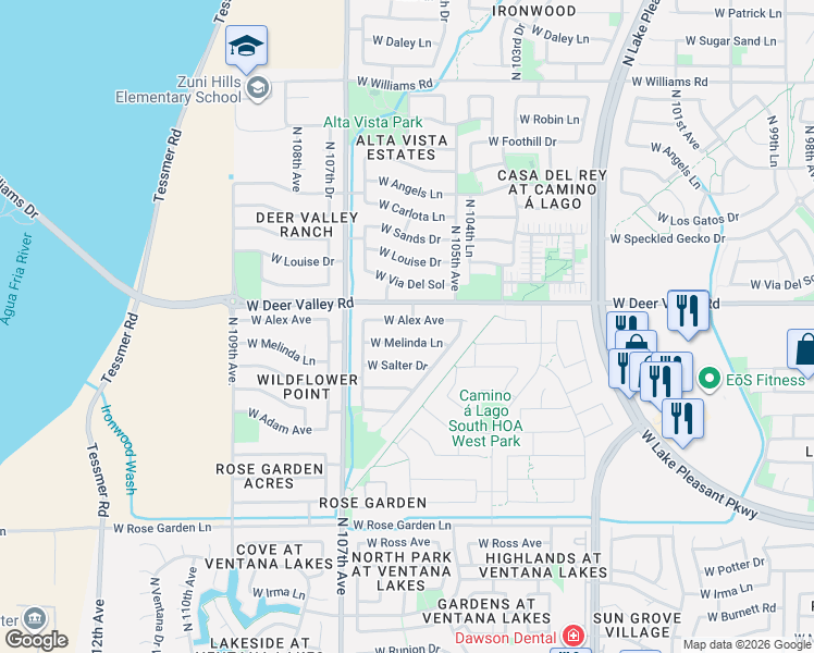 map of restaurants, bars, coffee shops, grocery stores, and more near 10575 West Alex Avenue in Peoria