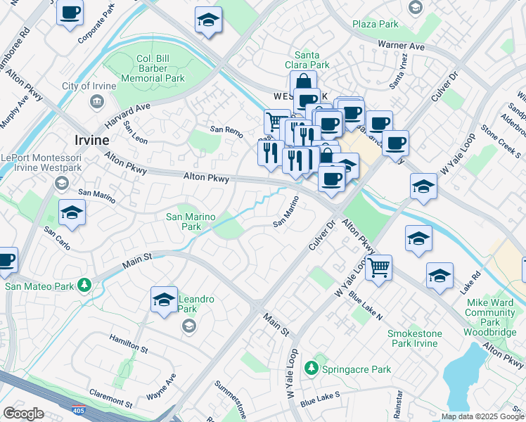map of restaurants, bars, coffee shops, grocery stores, and more near 3 Coromande in Irvine