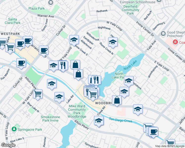 map of restaurants, bars, coffee shops, grocery stores, and more near 5 Clearwater in Irvine