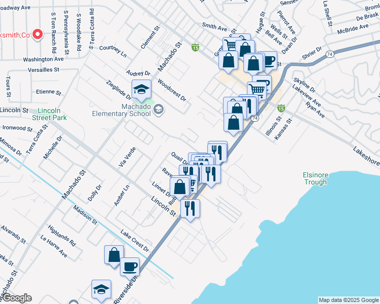 map of restaurants, bars, coffee shops, grocery stores, and more near 16493 Joy Street in Lake Elsinore