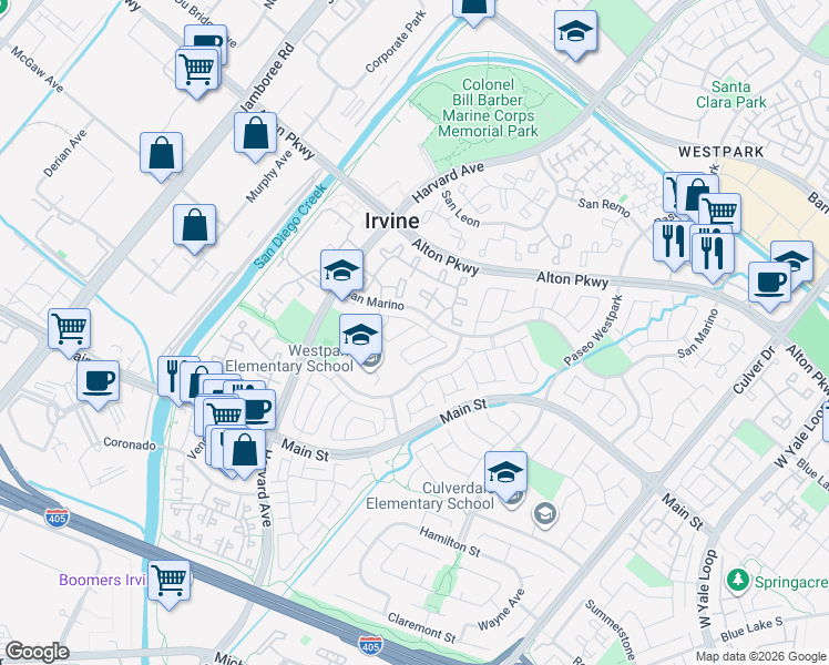 map of restaurants, bars, coffee shops, grocery stores, and more near 4 Estrella in Irvine