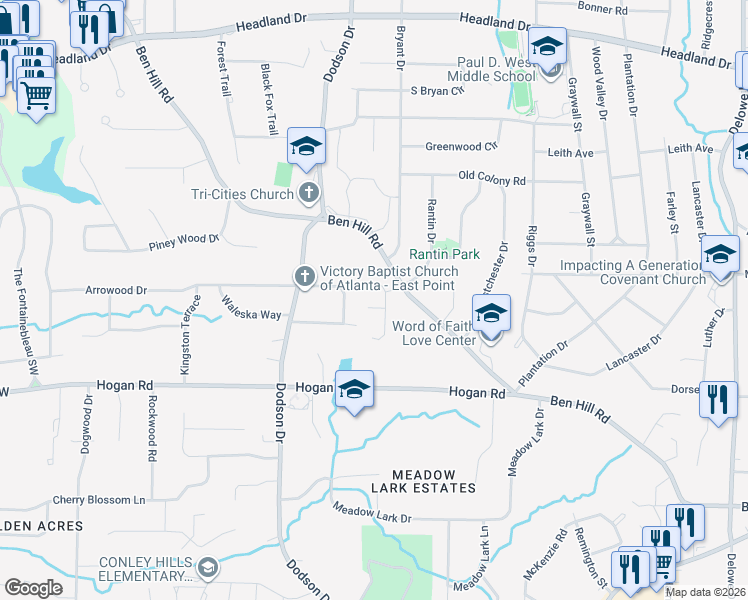 map of restaurants, bars, coffee shops, grocery stores, and more near 2585 McCoy Drive in East Point
